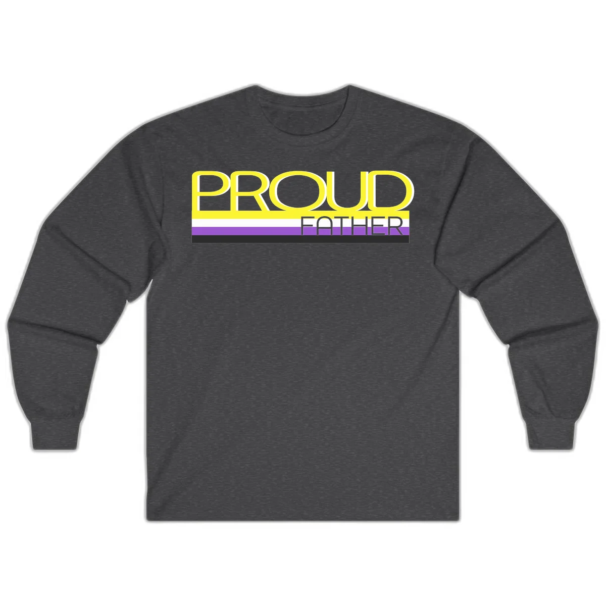 Yellow and gray text reading 'PROUD FATHER' separated by purple, white, and black horizontal pride flag stripes on gray background in Dark Heather