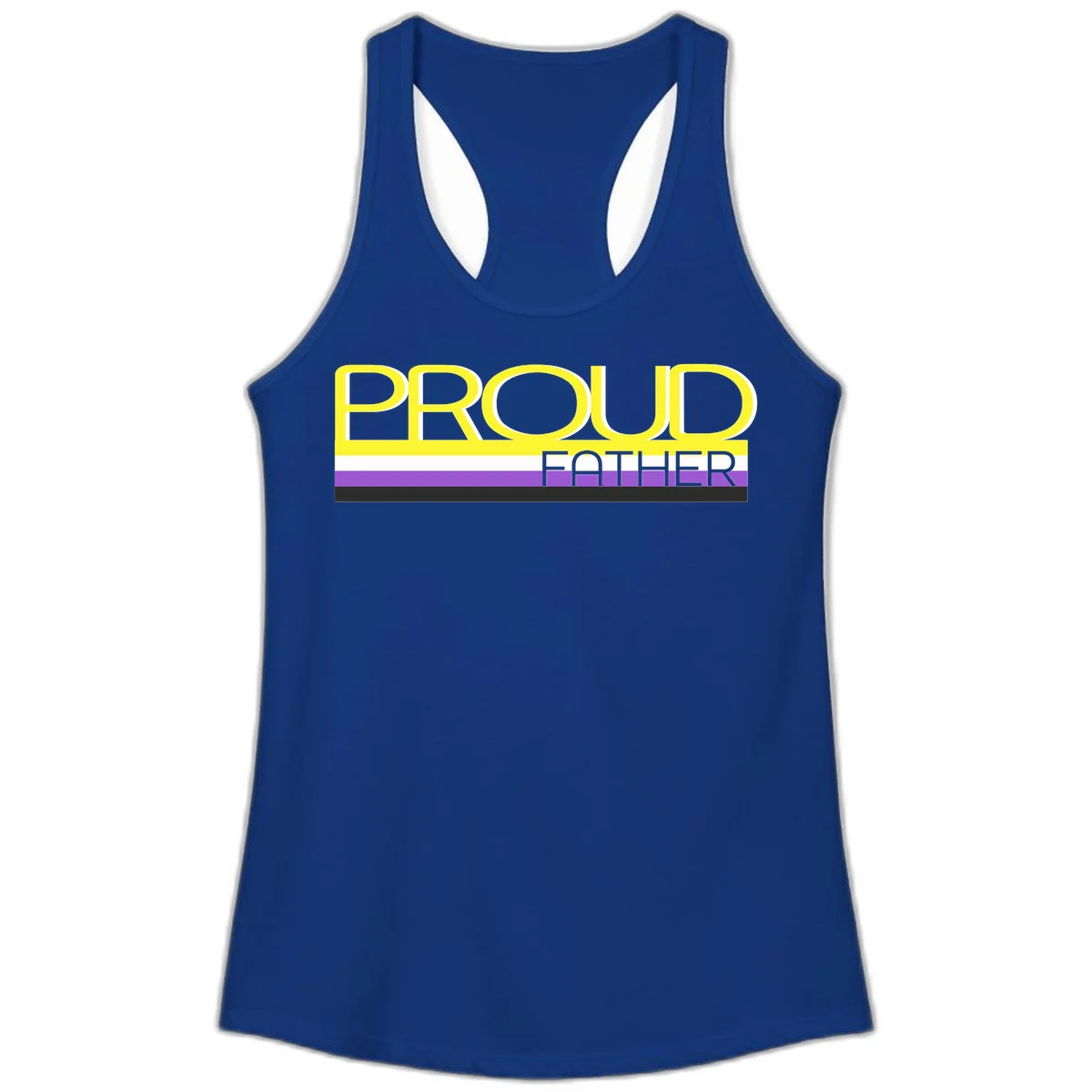 Yellow and gray text reading 'PROUD FATHER' separated by purple, white, and black horizontal pride flag stripes on gray background in Solid Royal