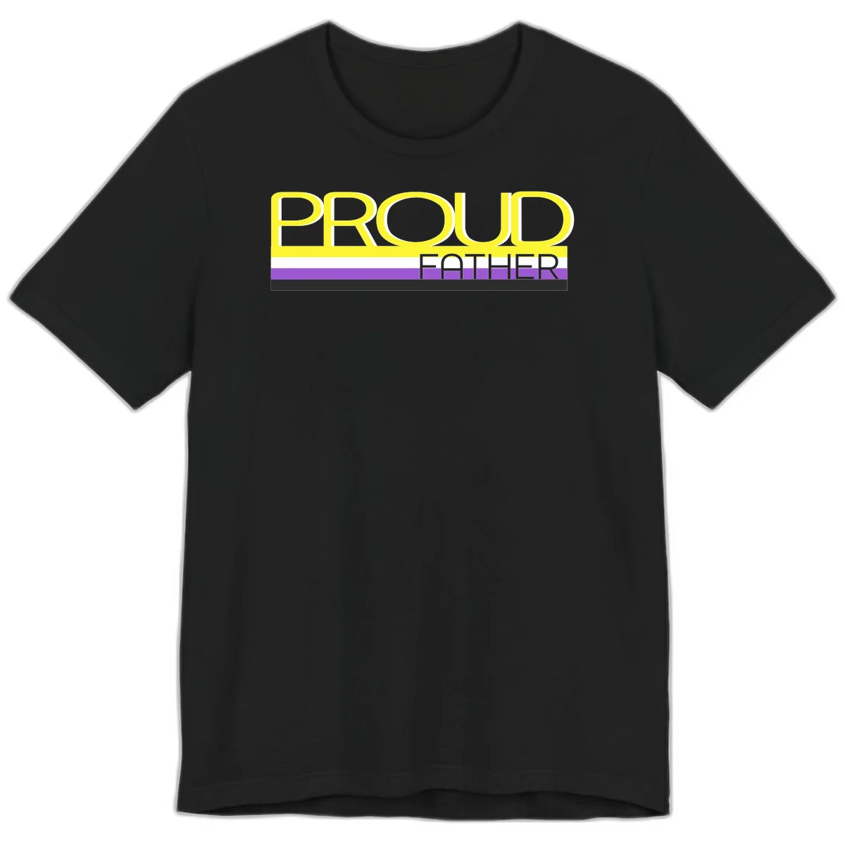 Yellow and gray text reading 'PROUD FATHER' separated by purple, white, and black horizontal pride flag stripes on gray background in Black