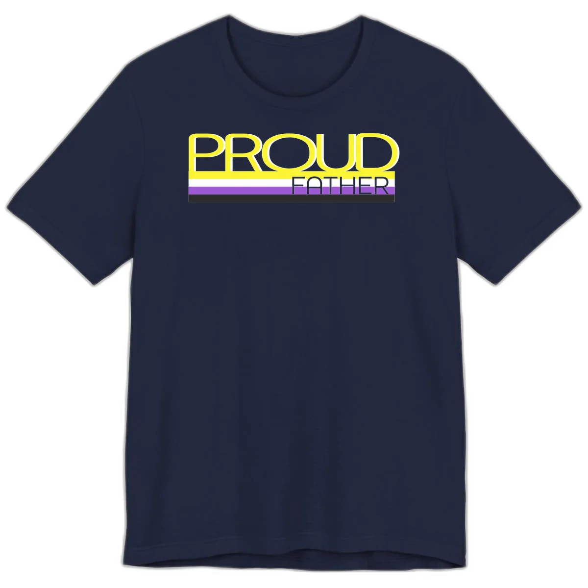 Yellow and gray text reading 'PROUD FATHER' separated by purple, white, and black horizontal pride flag stripes on gray background in Navy