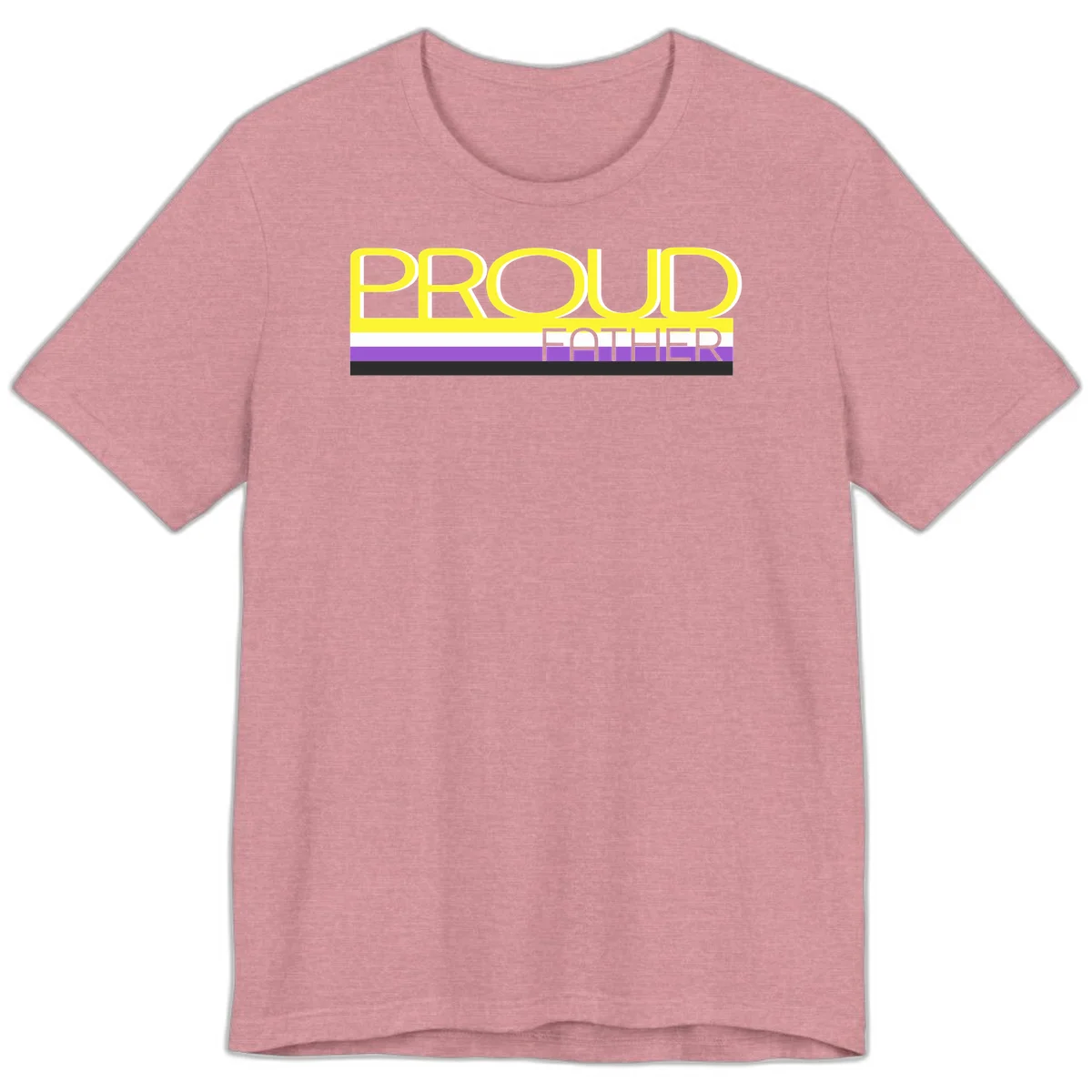 Yellow and gray text reading 'PROUD FATHER' separated by purple, white, and black horizontal pride flag stripes on gray background in Heather Orchid