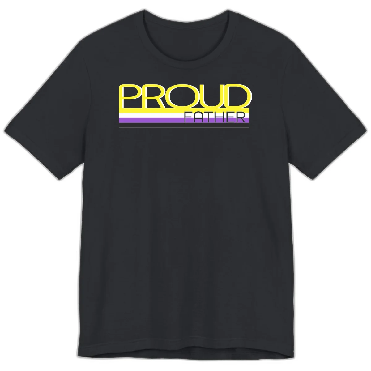 Yellow and gray text reading 'PROUD FATHER' separated by purple, white, and black horizontal pride flag stripes on gray background in Vintage Black