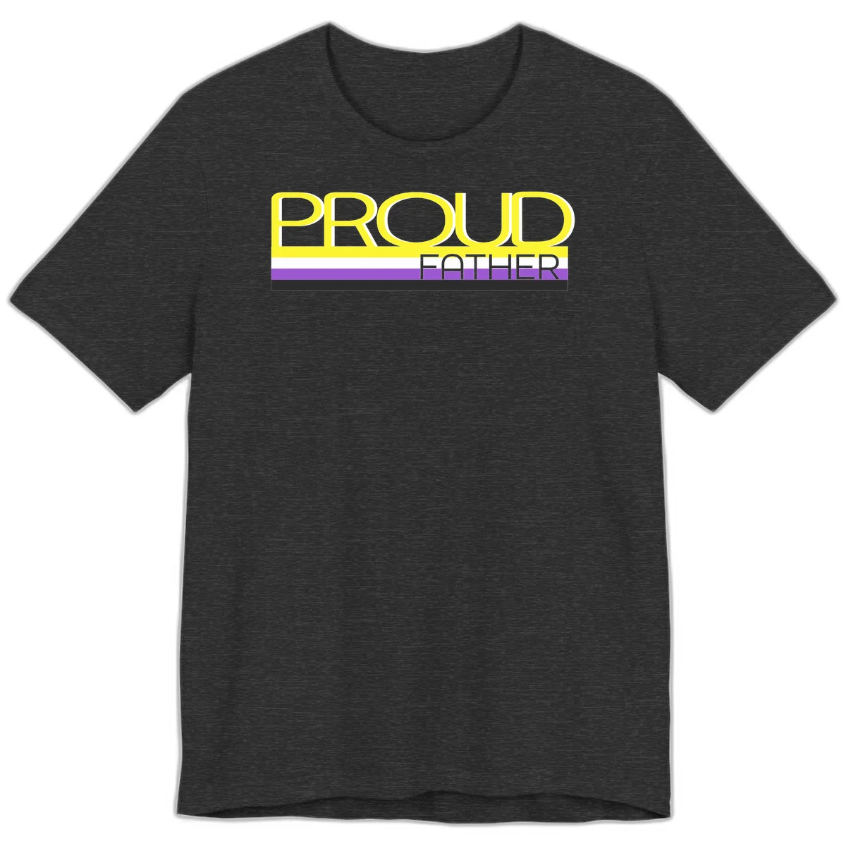 Yellow and gray text reading 'PROUD FATHER' separated by purple, white, and black horizontal pride flag stripes on gray background in Dark Grey Heather