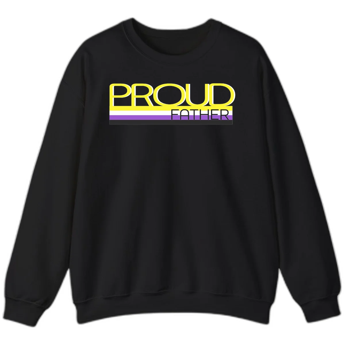 Yellow and gray text reading 'PROUD FATHER' separated by purple, white, and black horizontal pride flag stripes on gray background in Black