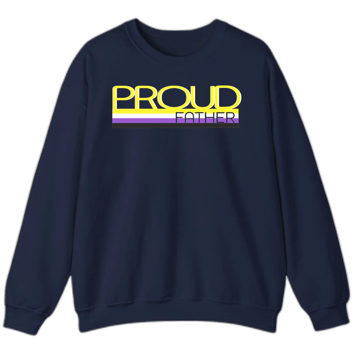 Yellow and gray text reading 'PROUD FATHER' separated by purple, white, and black horizontal pride flag stripes on gray background in Navy
