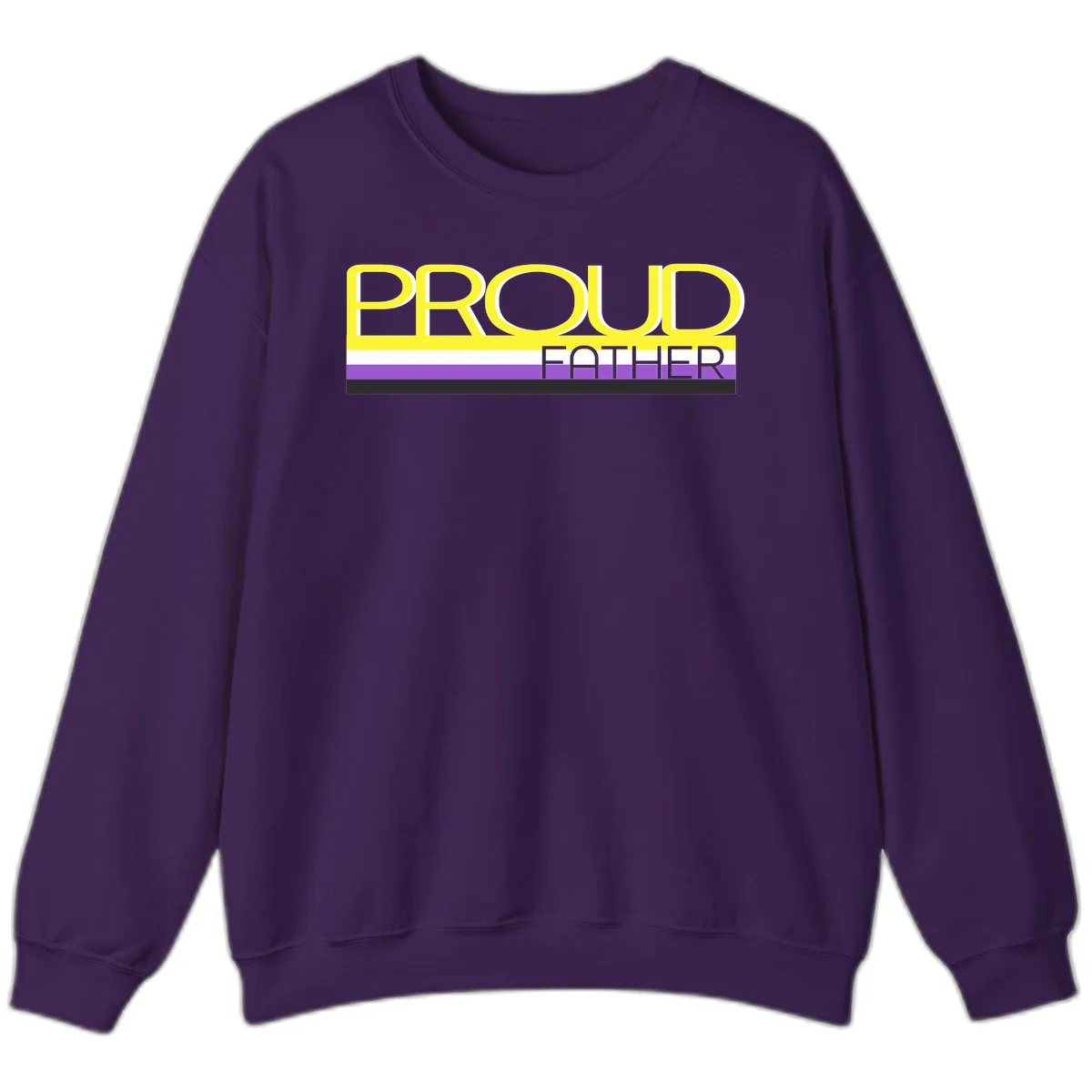 Yellow and gray text reading 'PROUD FATHER' separated by purple, white, and black horizontal pride flag stripes on gray background in Purple