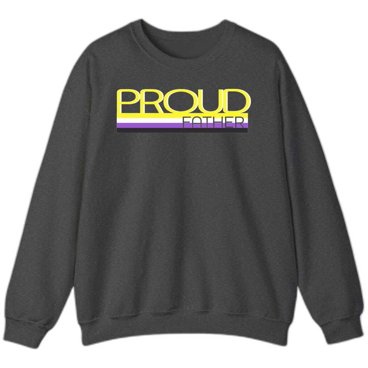Yellow and gray text reading 'PROUD FATHER' separated by purple, white, and black horizontal pride flag stripes on gray background in Dark Heather
