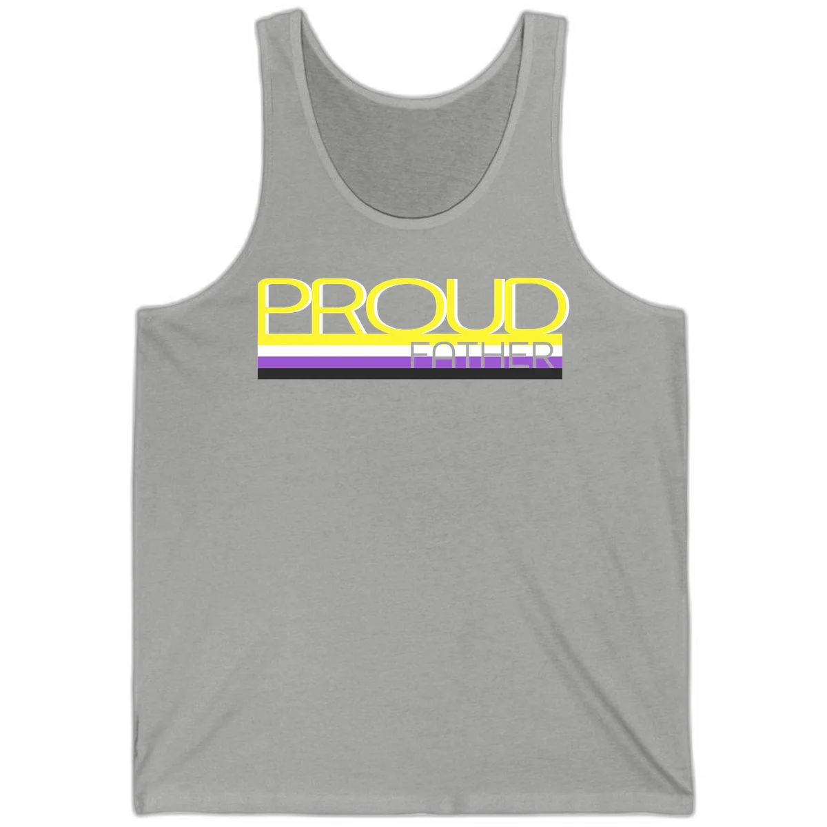 Yellow and gray text reading 'PROUD FATHER' separated by purple, white, and black horizontal pride flag stripes on gray background in Athletic Heather