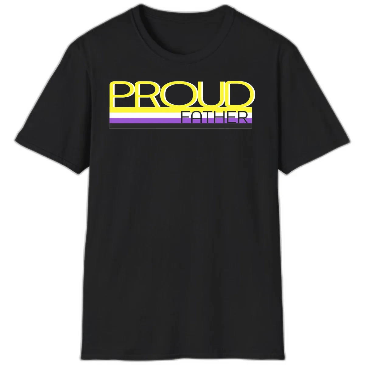 Yellow and gray text reading 'PROUD FATHER' separated by purple, white, and black horizontal pride flag stripes on gray background in Black