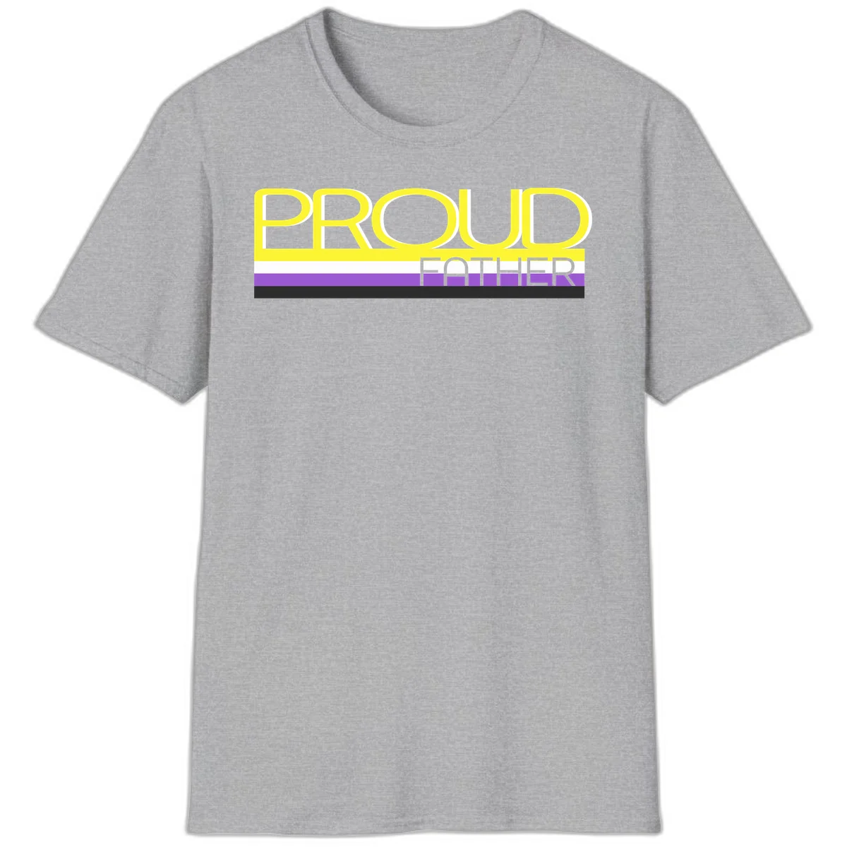 Yellow and gray text reading 'PROUD FATHER' separated by purple, white, and black horizontal pride flag stripes on gray background in Sport Grey