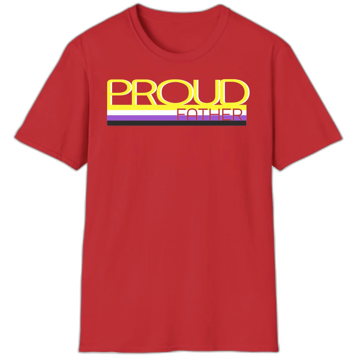 Yellow and gray text reading 'PROUD FATHER' separated by purple, white, and black horizontal pride flag stripes on gray background in Red