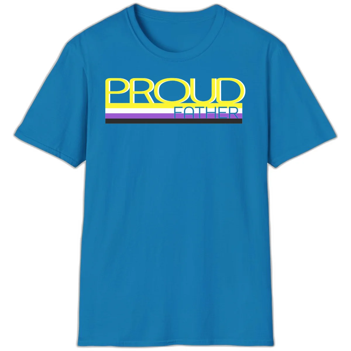 Yellow and gray text reading 'PROUD FATHER' separated by purple, white, and black horizontal pride flag stripes on gray background in Sapphire