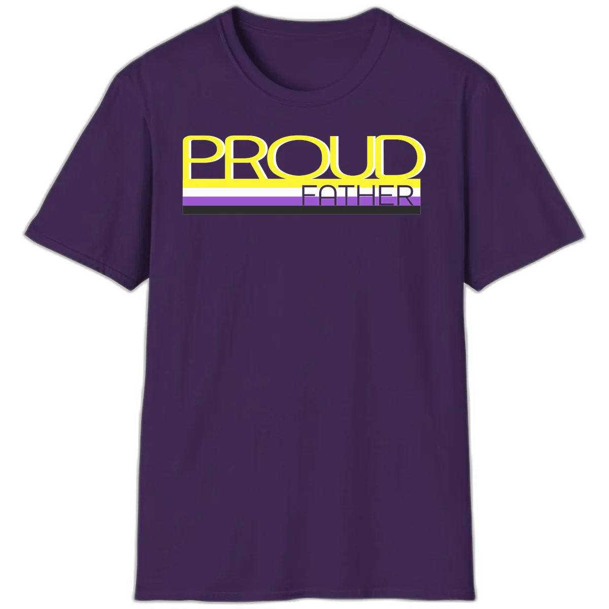 Yellow and gray text reading 'PROUD FATHER' separated by purple, white, and black horizontal pride flag stripes on gray background in Purple