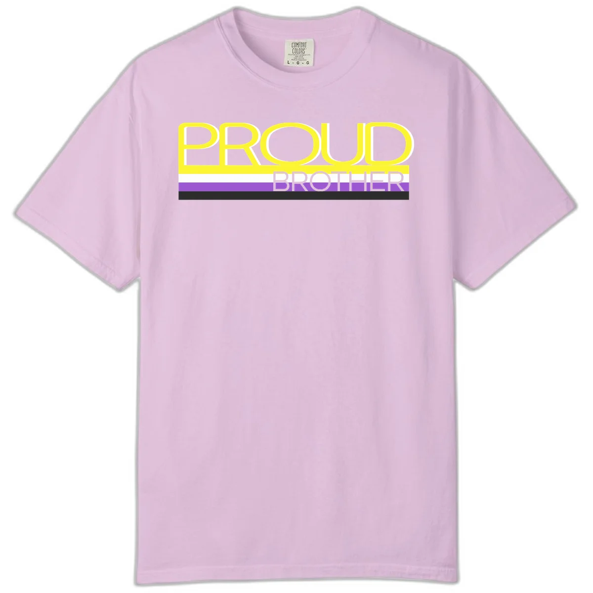 Yellow text reading 'PROUD BROTHER' with horizontal pride flag stripes in white, purple, and black on gray background in Orchid