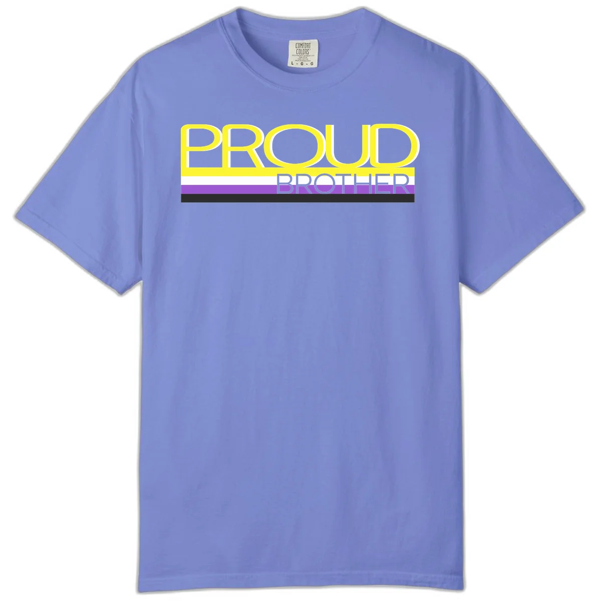 Yellow text reading 'PROUD BROTHER' with horizontal pride flag stripes in white, purple, and black on gray background in Flo Blue