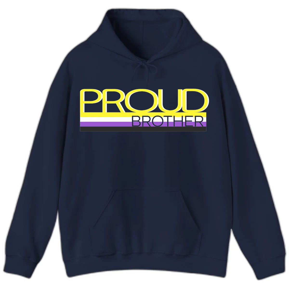 Yellow text reading 'PROUD BROTHER' with horizontal pride flag stripes in white, purple, and black on gray background in Navy