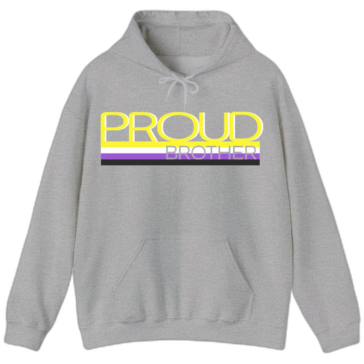 Yellow text reading 'PROUD BROTHER' with horizontal pride flag stripes in white, purple, and black on gray background in Sport Grey