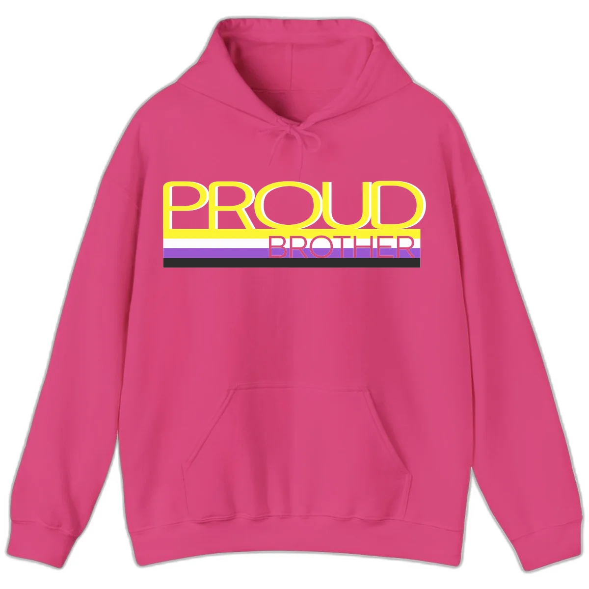 Yellow text reading 'PROUD BROTHER' with horizontal pride flag stripes in white, purple, and black on gray background in Heliconia