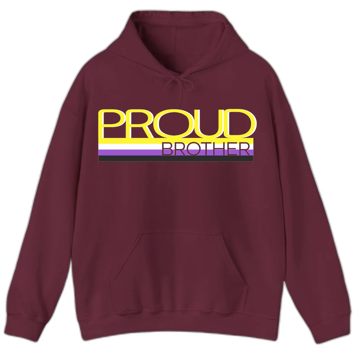 Yellow text reading 'PROUD BROTHER' with horizontal pride flag stripes in white, purple, and black on gray background in Maroon