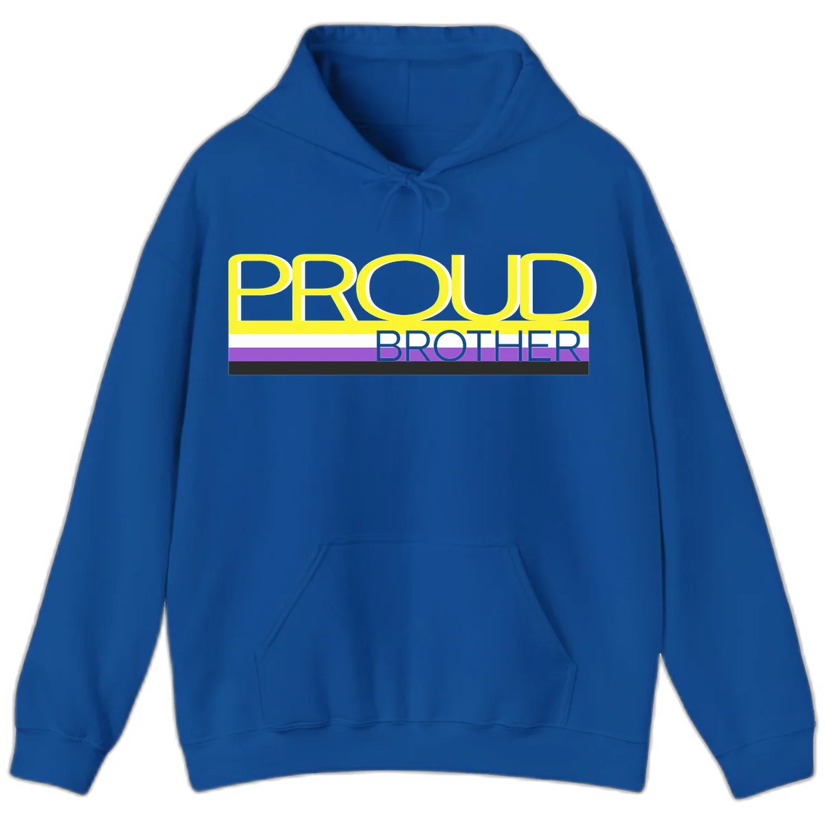Yellow text reading 'PROUD BROTHER' with horizontal pride flag stripes in white, purple, and black on gray background in Royal