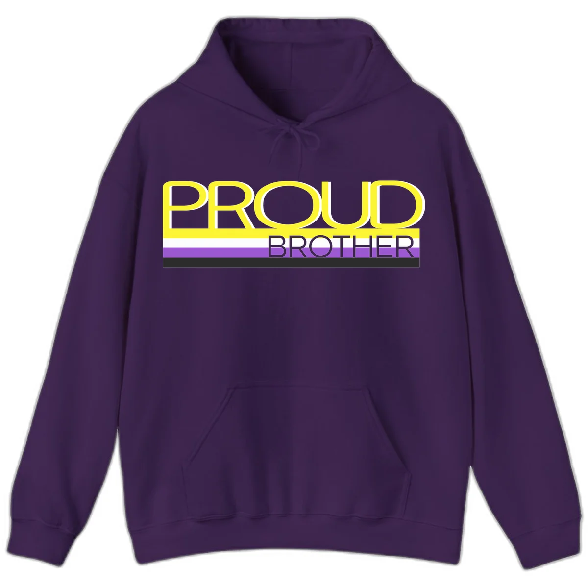 Yellow text reading 'PROUD BROTHER' with horizontal pride flag stripes in white, purple, and black on gray background in Purple