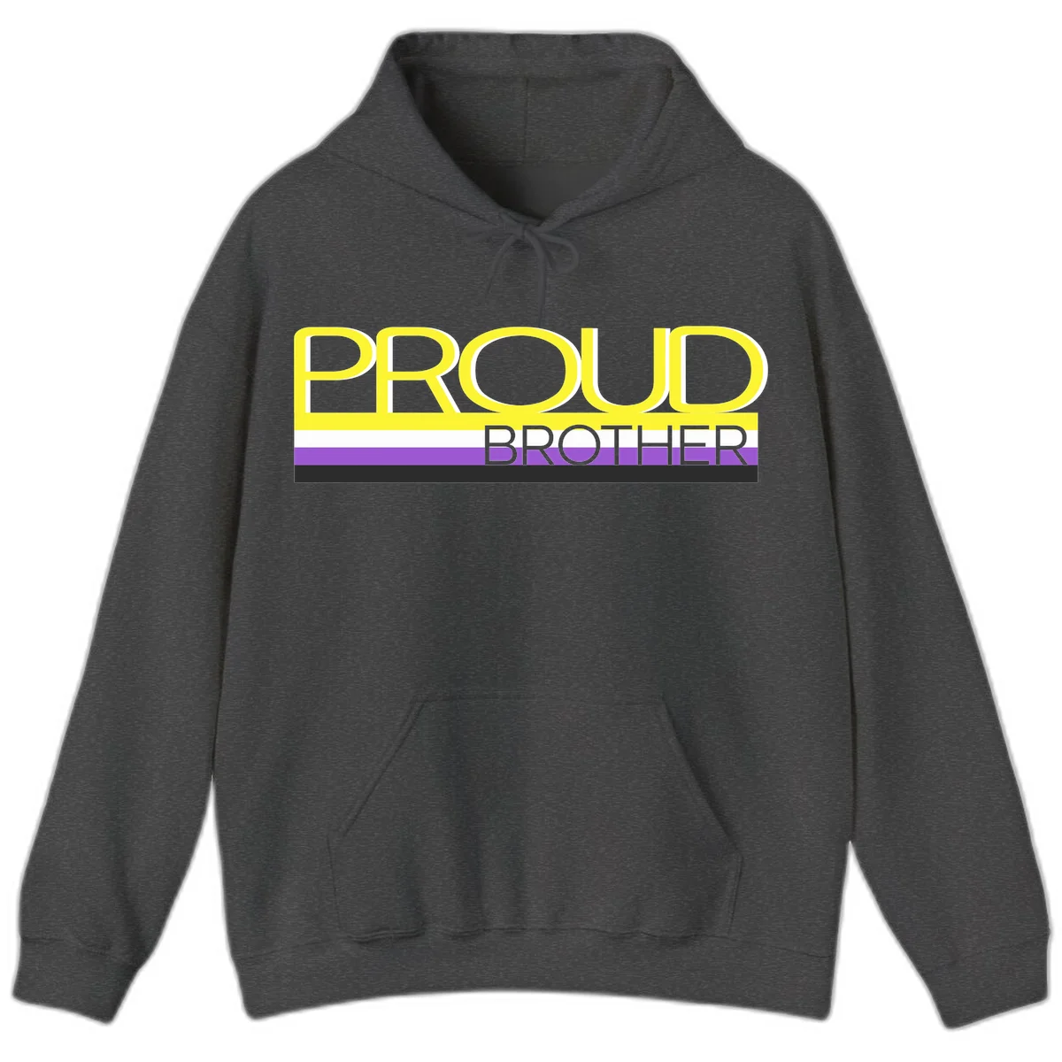 Yellow text reading 'PROUD BROTHER' with horizontal pride flag stripes in white, purple, and black on gray background in Dark Heather