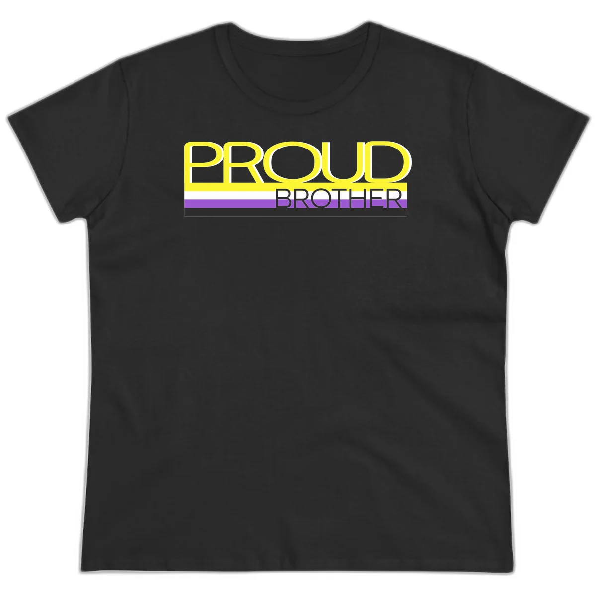 Yellow text reading 'PROUD BROTHER' with horizontal pride flag stripes in white, purple, and black on gray background in Black