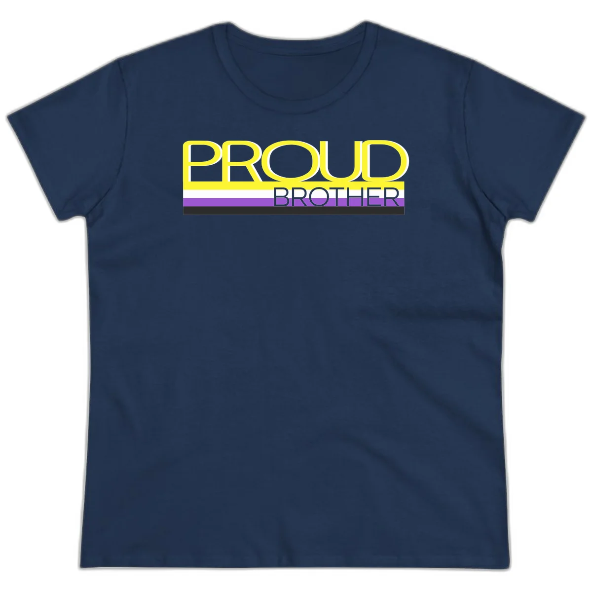 Yellow text reading 'PROUD BROTHER' with horizontal pride flag stripes in white, purple, and black on gray background in Navy