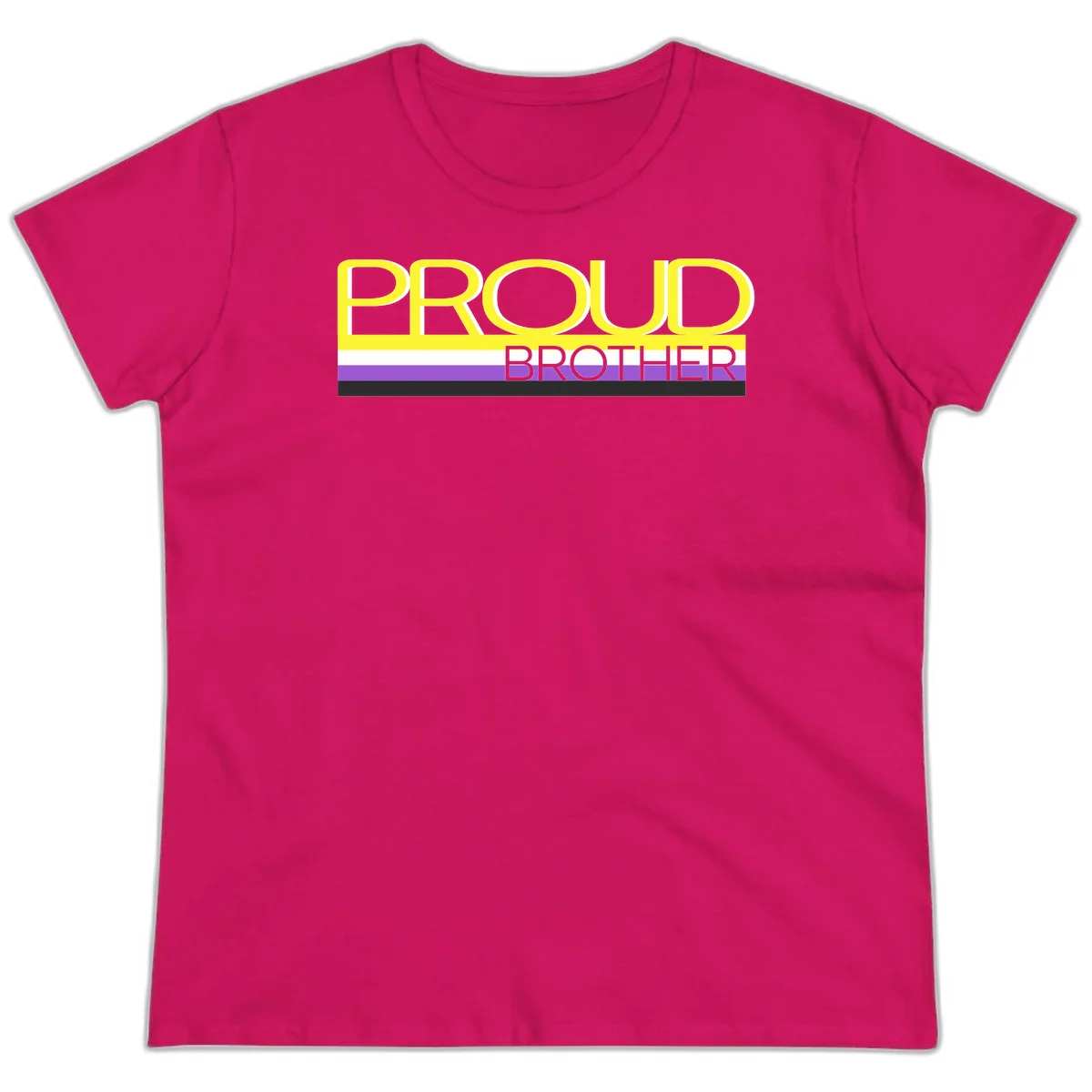 Yellow text reading 'PROUD BROTHER' with horizontal pride flag stripes in white, purple, and black on gray background in Heliconia