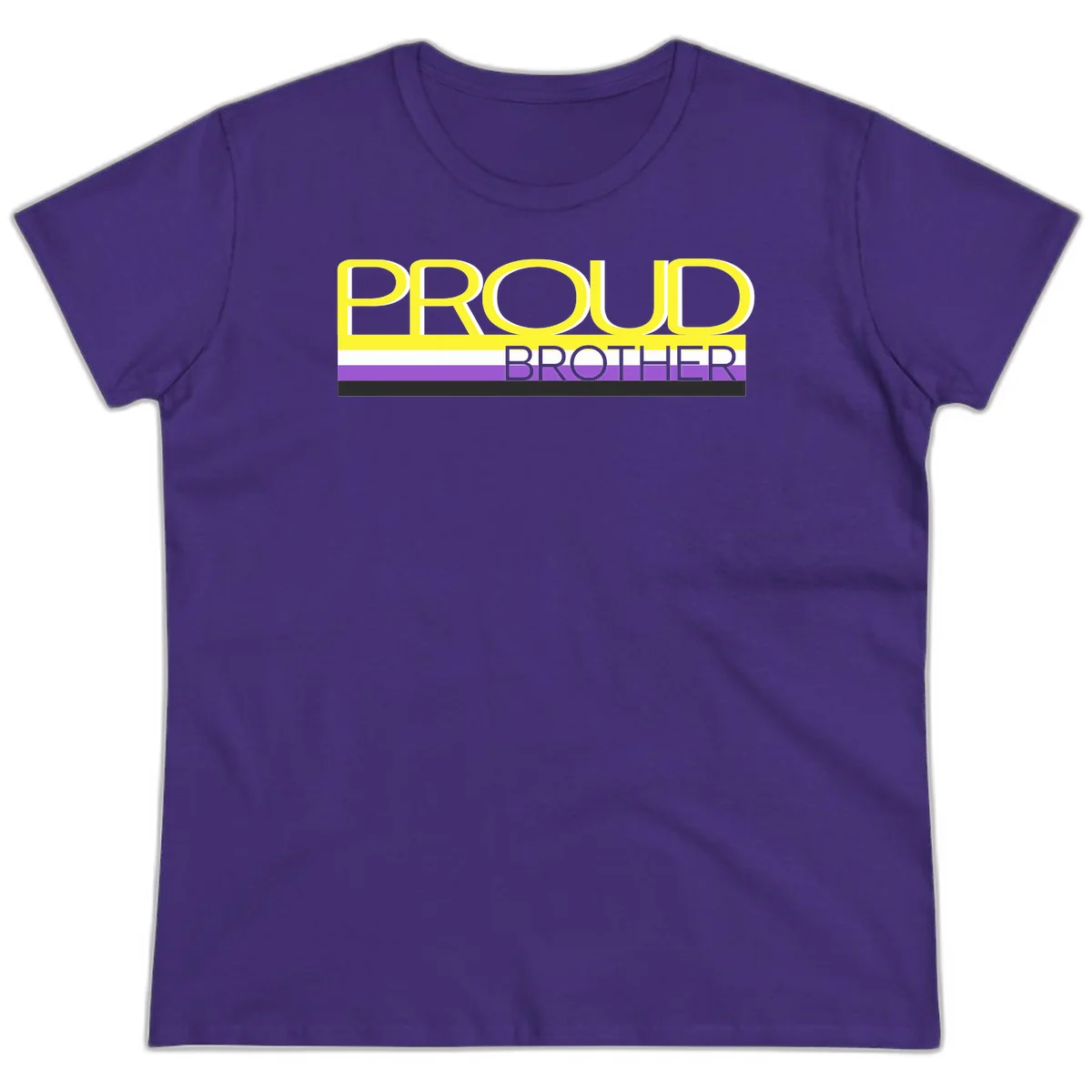 Yellow text reading 'PROUD BROTHER' with horizontal pride flag stripes in white, purple, and black on gray background in Purple