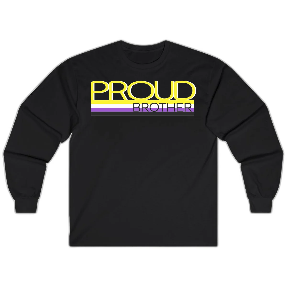 Yellow text reading 'PROUD BROTHER' with horizontal pride flag stripes in white, purple, and black on gray background in Black