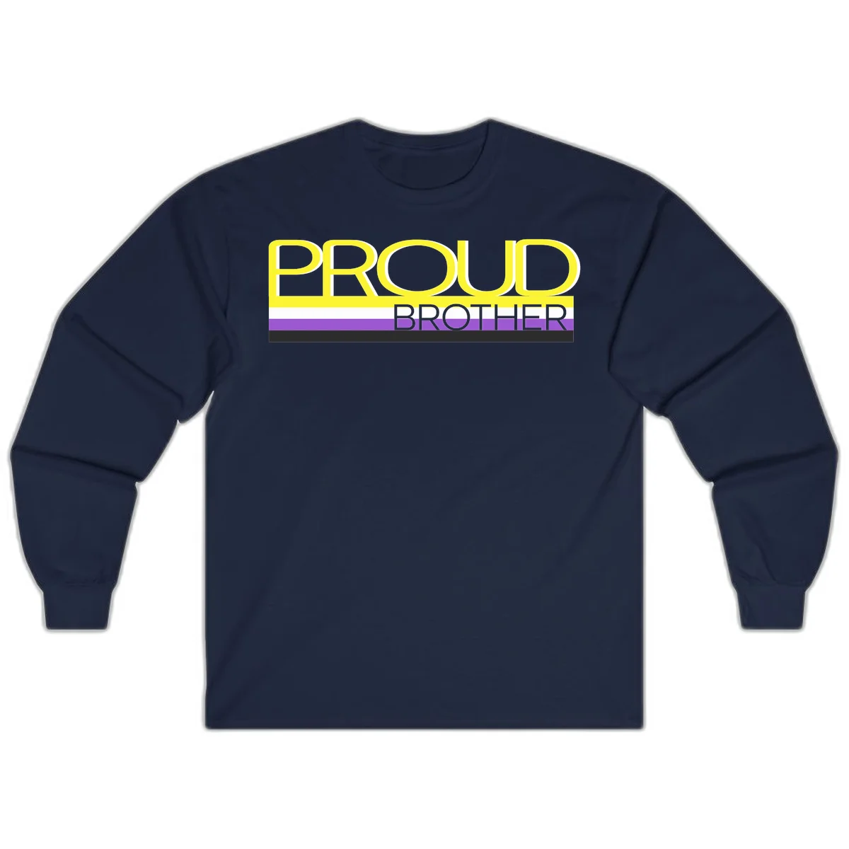 Yellow text reading 'PROUD BROTHER' with horizontal pride flag stripes in white, purple, and black on gray background in Navy