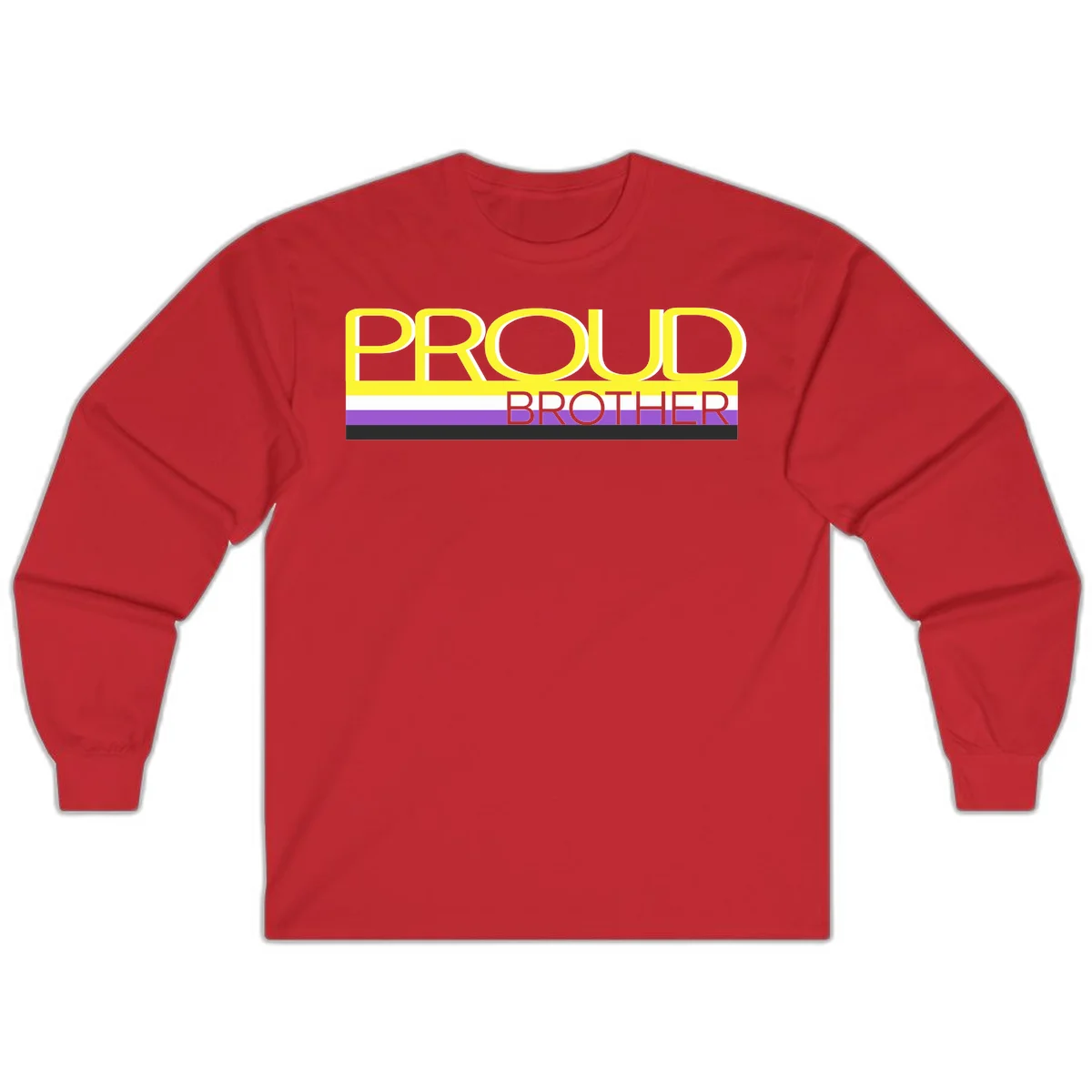 Yellow text reading 'PROUD BROTHER' with horizontal pride flag stripes in white, purple, and black on gray background in Red