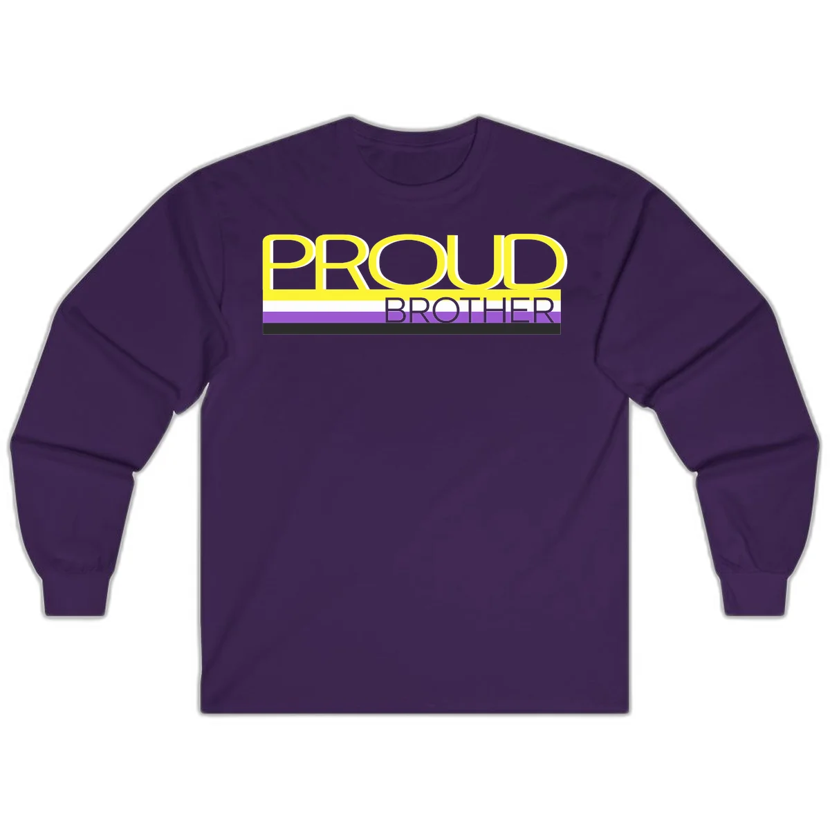 Yellow text reading 'PROUD BROTHER' with horizontal pride flag stripes in white, purple, and black on gray background in Purple