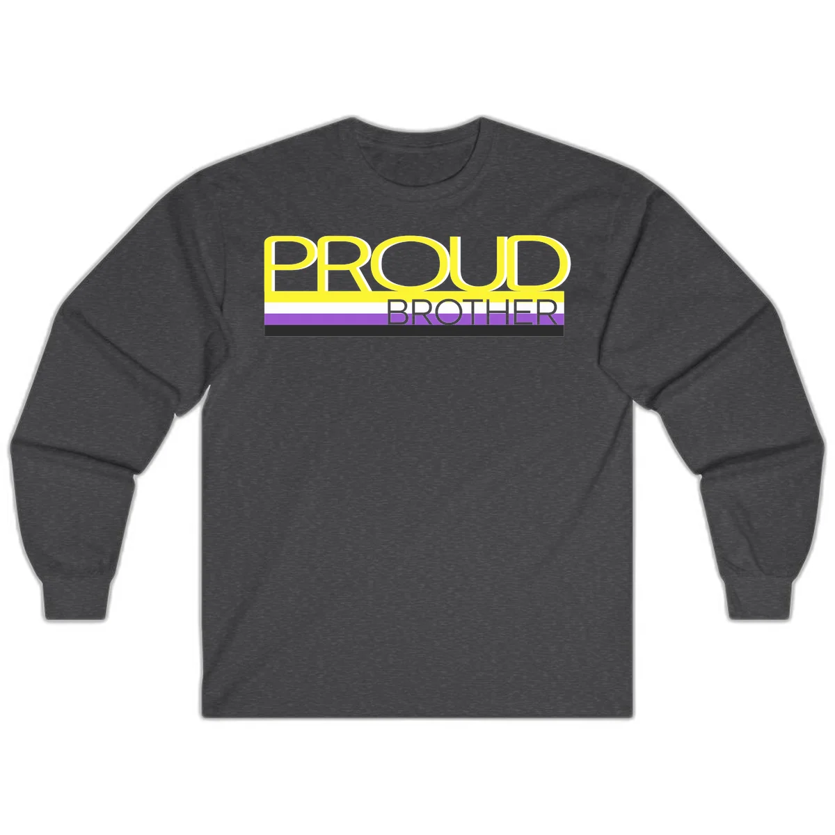 Yellow text reading 'PROUD BROTHER' with horizontal pride flag stripes in white, purple, and black on gray background in Dark Heather