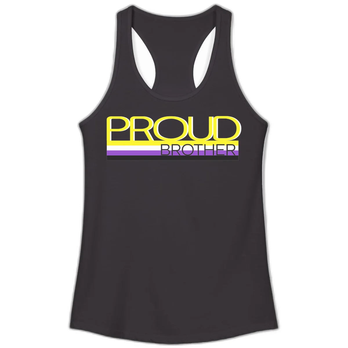 Yellow text reading 'PROUD BROTHER' with horizontal pride flag stripes in white, purple, and black on gray background in Black