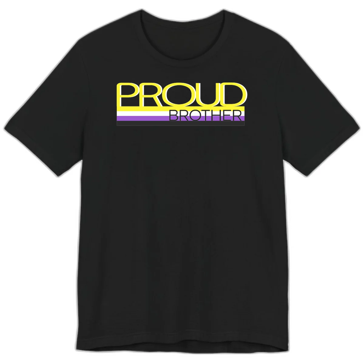 Yellow text reading 'PROUD BROTHER' with horizontal pride flag stripes in white, purple, and black on gray background in Black