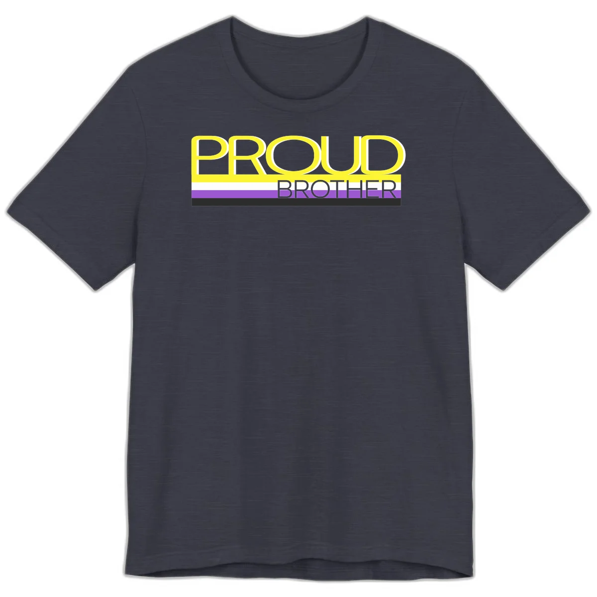 Yellow text reading 'PROUD BROTHER' with horizontal pride flag stripes in white, purple, and black on gray background in Heather Midnight Navy