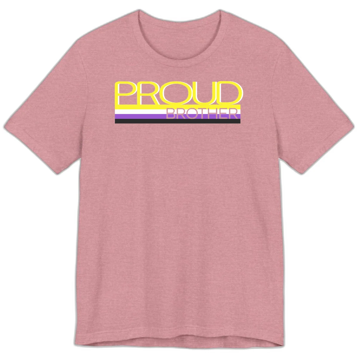 Yellow text reading 'PROUD BROTHER' with horizontal pride flag stripes in white, purple, and black on gray background in Heather Orchid