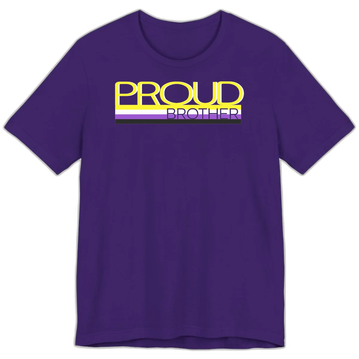 Yellow text reading 'PROUD BROTHER' with horizontal pride flag stripes in white, purple, and black on gray background in Team Purple