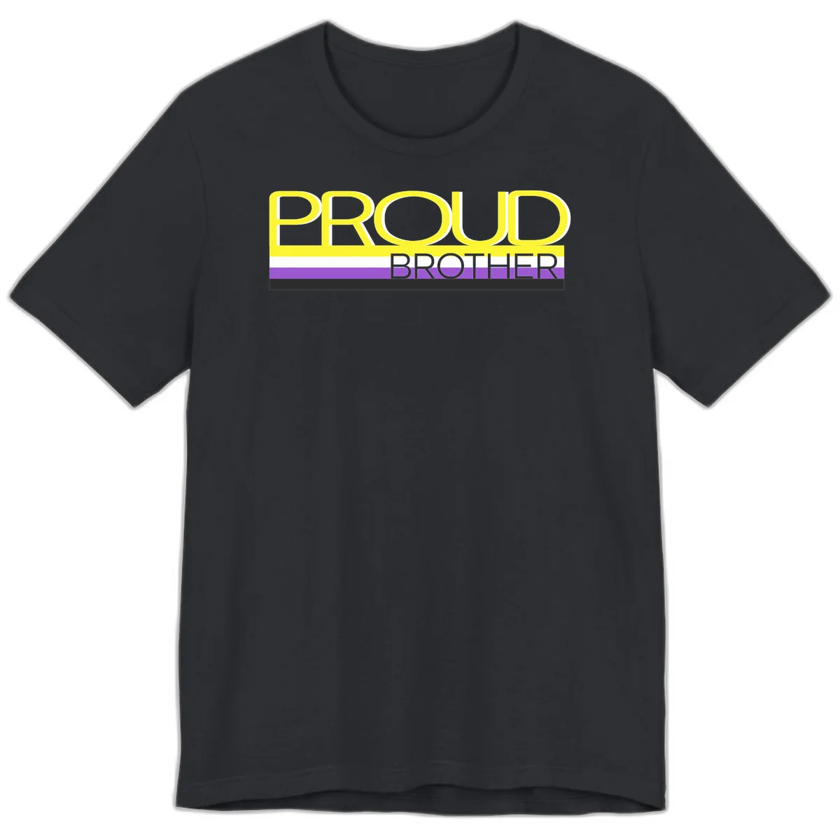 Yellow text reading 'PROUD BROTHER' with horizontal pride flag stripes in white, purple, and black on gray background in Vintage Black