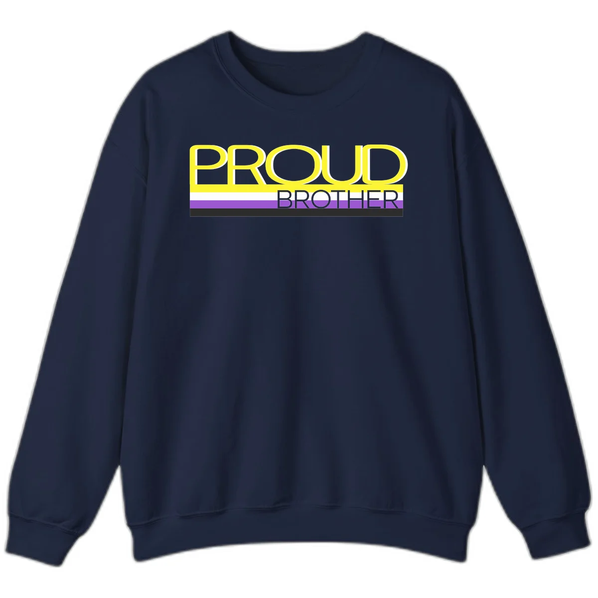 Yellow text reading 'PROUD BROTHER' with horizontal pride flag stripes in white, purple, and black on gray background in Navy