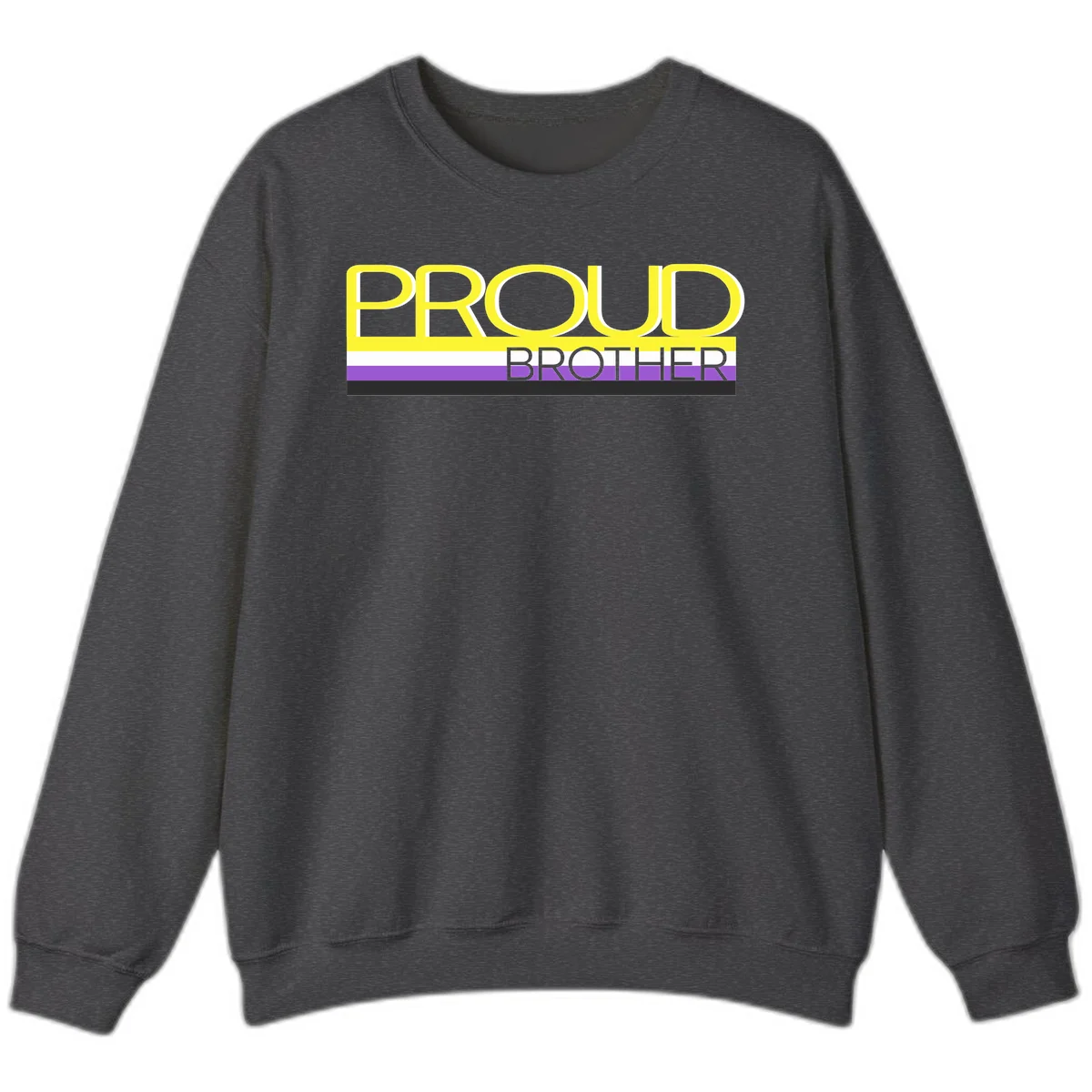 Yellow text reading 'PROUD BROTHER' with horizontal pride flag stripes in white, purple, and black on gray background in Dark Heather