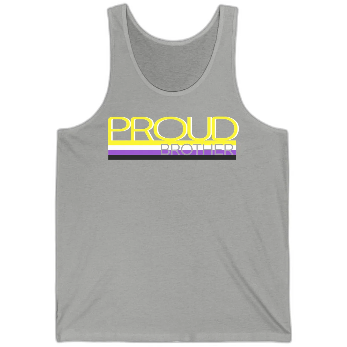 Yellow text reading 'PROUD BROTHER' with horizontal pride flag stripes in white, purple, and black on gray background in Athletic Heather