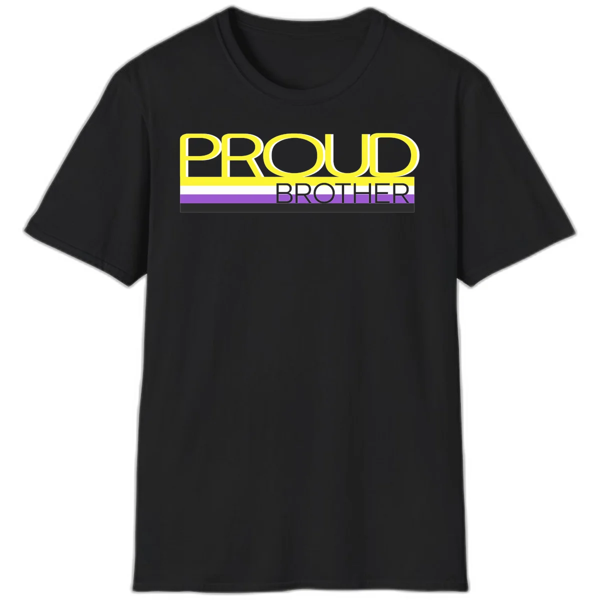 Yellow text reading 'PROUD BROTHER' with horizontal pride flag stripes in white, purple, and black on gray background in Black
