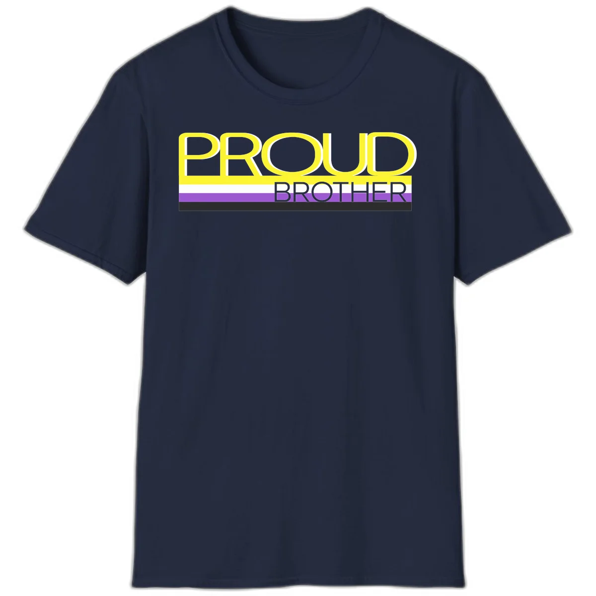 Yellow text reading 'PROUD BROTHER' with horizontal pride flag stripes in white, purple, and black on gray background in Navy