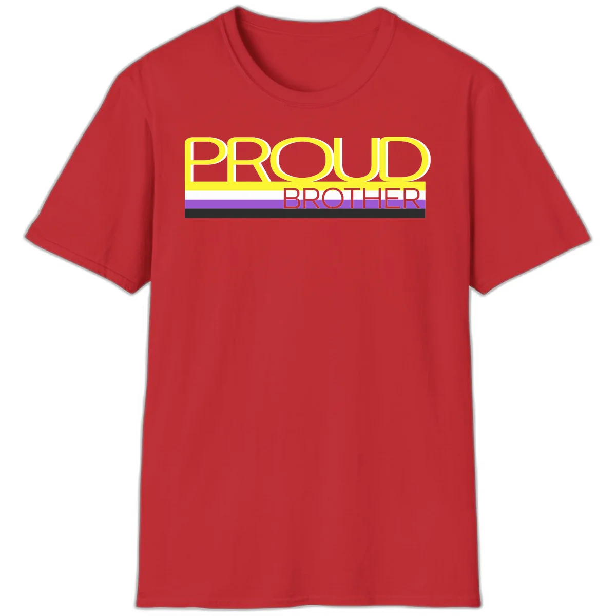 Yellow text reading 'PROUD BROTHER' with horizontal pride flag stripes in white, purple, and black on gray background in Red