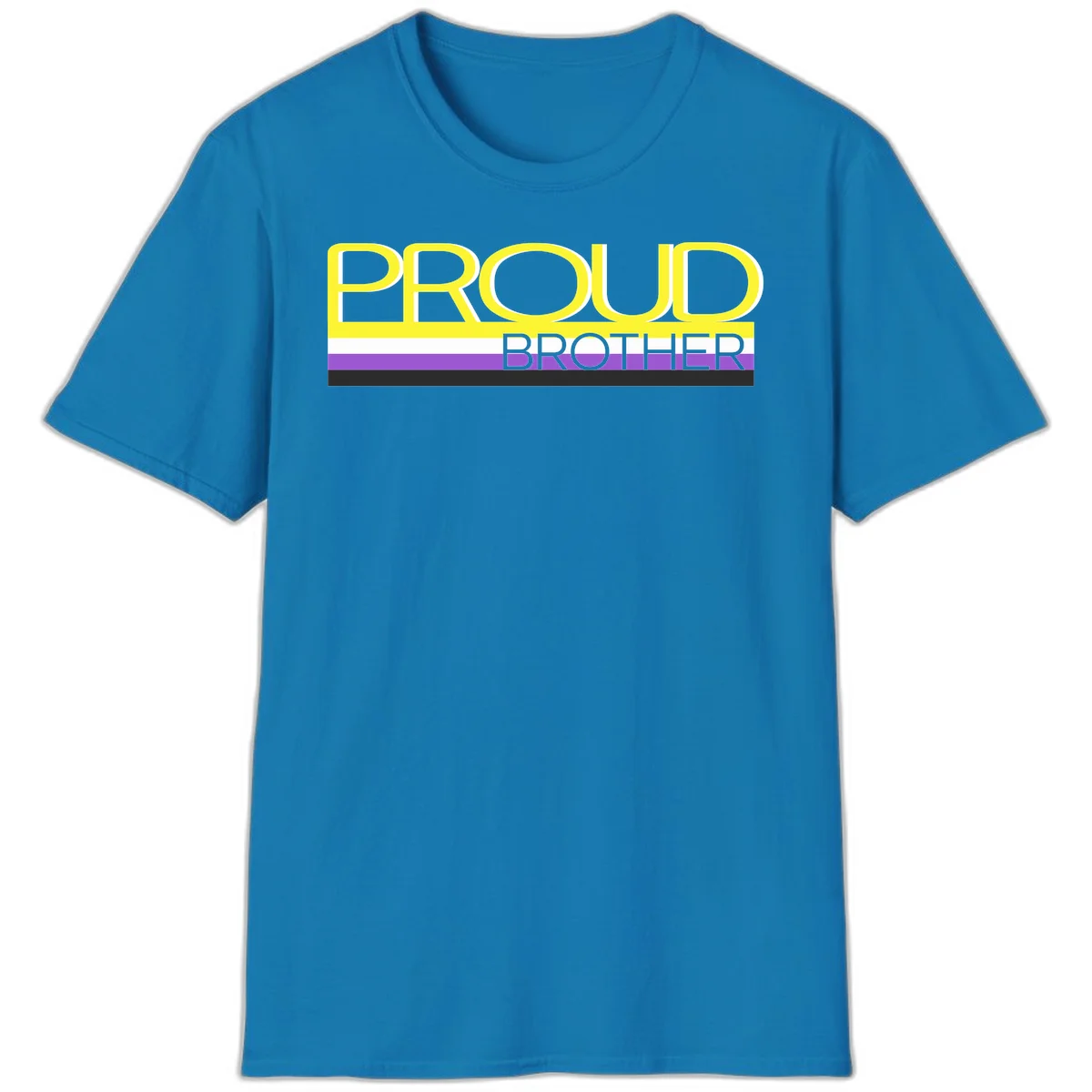 Yellow text reading 'PROUD BROTHER' with horizontal pride flag stripes in white, purple, and black on gray background in Sapphire