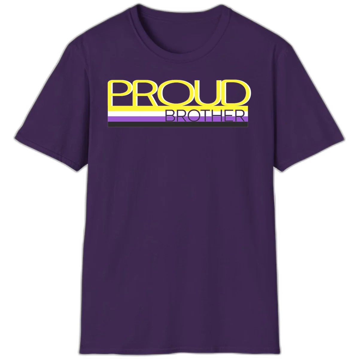 Yellow text reading 'PROUD BROTHER' with horizontal pride flag stripes in white, purple, and black on gray background in Purple