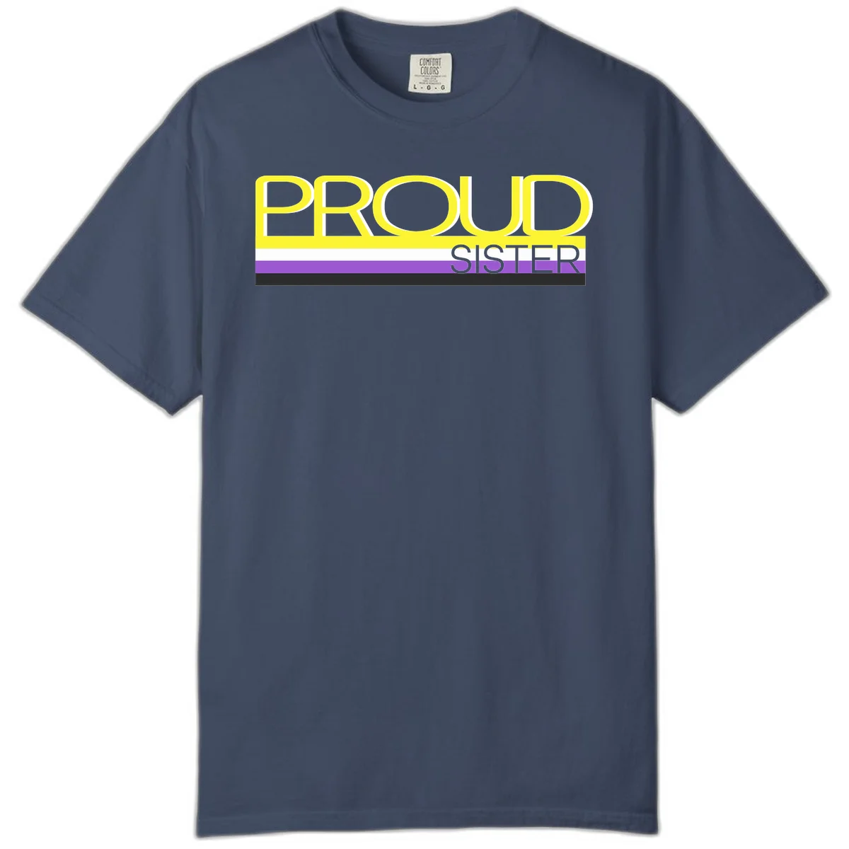 Yellow and gray text reading 'PROUD SISTER' with white, purple, and black horizontal pride flag stripes in Midnight